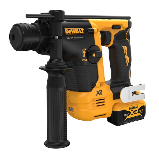 A DEWALT 12V XR Brushless cordless rotary hammer drill with a side handle and 5.0Ah battery, shown in yellow and black colors.