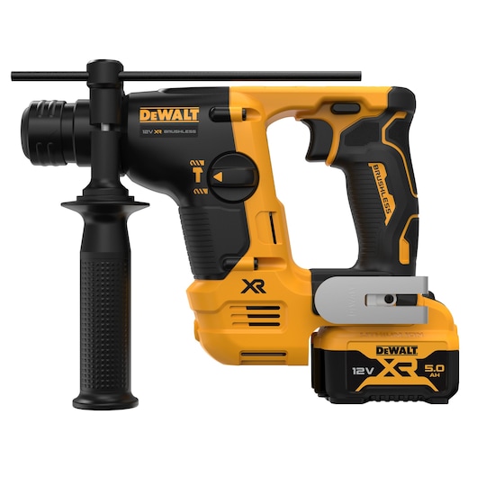 DEWALT cordless rotary hammer drill, model DCH072P2, featuring a yellow and black design, a side handle for control, and a 12V XR 5.0 Ah lithium-ion battery at the base.