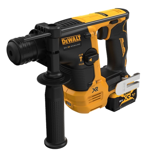 DEWALT 12V XR Brushless rotary hammer drill with a side handle and battery pack. The tool is yellow and black, featuring ergonomic grips and clear DEWALT branding.