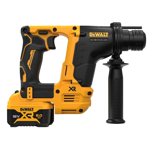 A DEWALT 12V XR brushless rotary hammer drill with a side handle and a 5.0 Ah lithium-ion battery pack attached.