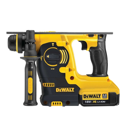 A DEWALT DCH253M2 18V cordless rotary hammer drill with a side handle, shown in yellow and black color. The device features a battery pack labeled '4.0 Ah' and 'Li-Ion'.