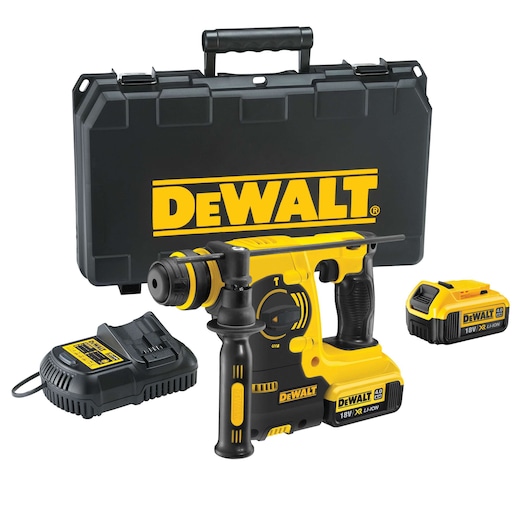 DEWALT cordless rotary hammer drill set, includes a yellow and black rotary hammer drill, a battery charger, two 18V XR Li-Ion batteries, and a black carrying case with the DEWALT logo.
