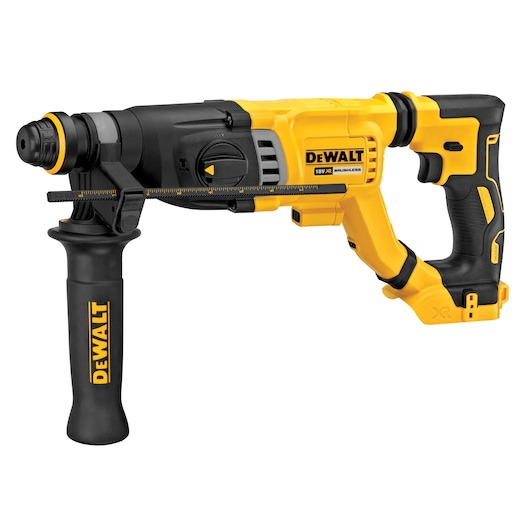 A DEWALT cordless rotary hammer drill, model DCH263NK, in yellow and black colors with a side handle and ergonomic grip.