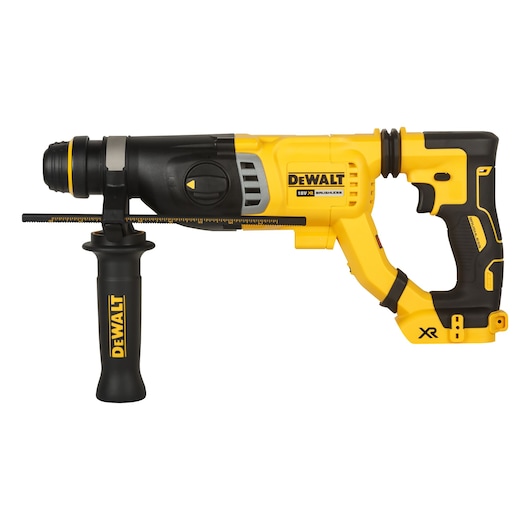 A DEWALT DCH263NK 18V XR cordless rotary hammer drill in yellow and black, shown with a side handle and a depth gauge.