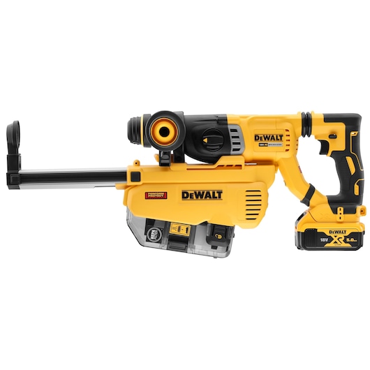 DEWALT cordless rotary hammer drill with dust extraction system and 18V 5.0Ah battery, shown in yellow and black.