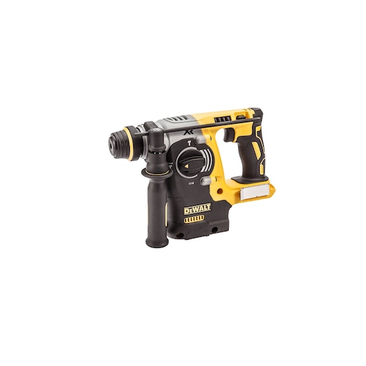 Cordless DEWALT rotary hammer drill with black and yellow design, side handle, and visible brand logo.