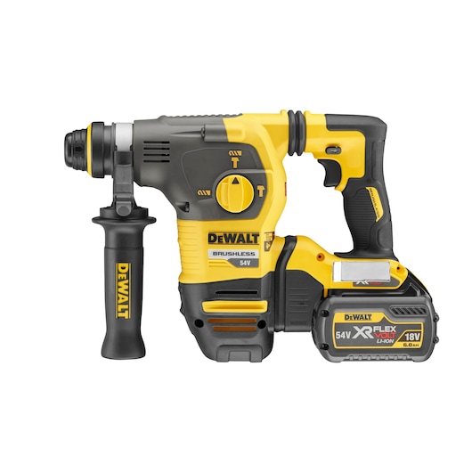 A DEWALT DCH323T2 cordless rotary hammer drill with brushless motor and 54V XR FLEXVOLT lithium-ion battery, featuring a yellow and black design and an ergonomic handle. Shown isolated on a white background.