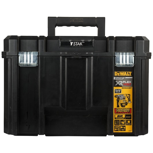 A black DEWALT T STAK tool storage case with a handle, metal latches, and a yellow label on the right side showing information for the XR FLEXVOLT DCH333NT rotary hammer.