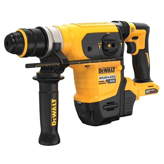 A DEWALT branded 54V cordless rotary hammer drill with brushless motor, featuring a side handle, mode selection dial, and XR FLEXVOLT battery compatibility. The tool is yellow and black in color and designed for heavy-duty drilling tasks.