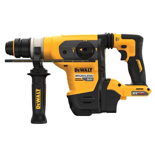 A yellow and black DEWALT brushless 54V rotary hammer drill, with a side handle and visible branding, shown from the side.