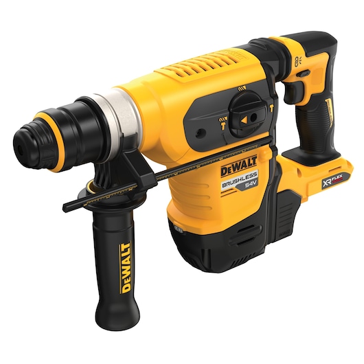 A yellow and black DEWALT 54V cordless brushless rotary hammer drill with side handle and depth gauge, designed for heavy-duty construction tasks.