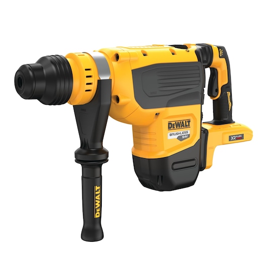A yellow and black DEWALT cordless rotary hammer drill with a side handle and brushless motor, model DCH735N.