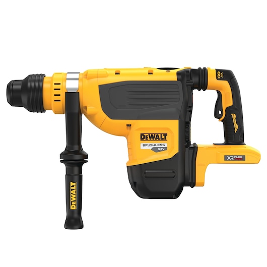 DEWALT DCH735N cordless rotary hammer drill with a brushless motor, shown in yellow and black with a side handle and XR FLEXVOLT 54V battery system.