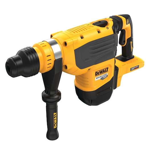 A yellow and black DEWALT cordless rotary hammer drill, model DCH735N, with a side handle and brushless motor.