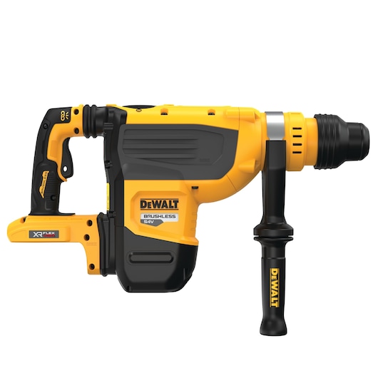 A DEWALT 64V brushless rotary hammer drill with a yellow and black design, featuring a side handle and XR Flexvolt labeling.