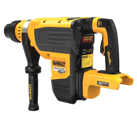 A DEWALT DCH735N cordless brushless rotary hammer drill in yellow and black, with a side handle and XR FlexVolt branding displayed.