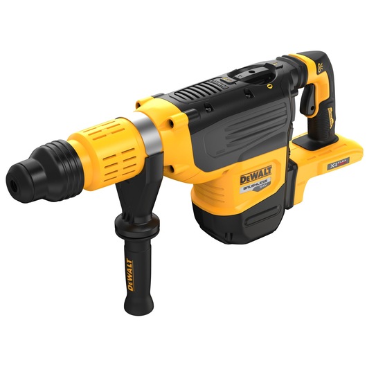 A DEWALT cordless rotary hammer drill, model DCH775N, featuring a yellow and black design with a side handle. The tool is designed for heavy-duty construction tasks.