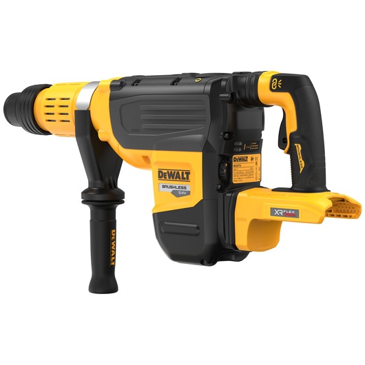 A DEWALT DCH775N brushless 54V XR FLEXVOLT rotary hammer drill, shown in a yellow and black design with a side handle and labeled details.