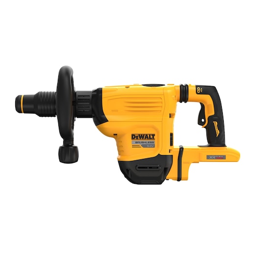 A DEWALT 54V cordless brushless rotary hammer drill with a yellow and black design, featuring a side handle for control and the XR FLEXVOLT logo visible on the battery slot.