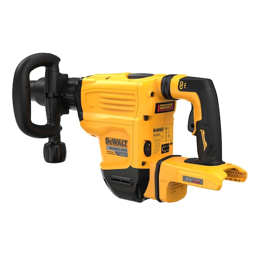 A yellow and black DEWALT cordless brushless demolition hammer model DCH832N, featuring a large side handle and ergonomic grip with XR FLEXVOLT branding, photographed against a white background.
