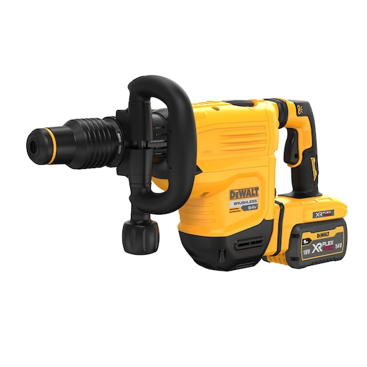 DEWALT cordless rotary hammer drill with a brushless motor and XR FLEXVOLT 54V/18V battery, shown with a yellow and black design.