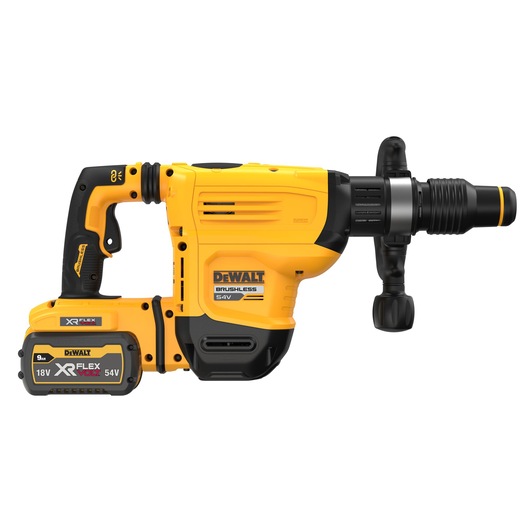 DEWALT cordless rotary hammer drill with XR FlexVolt 54V battery, yellow and black color, with side handle.