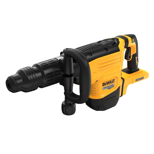 A DEWALT cordless brushless rotary hammer drill with a black and yellow design featuring a large front handle and visible branding on the side.