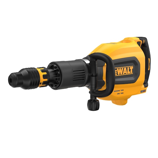 A yellow and black DEWALT power tool, specifically a cordless demolition hammer, shown from an angled side view against a white background.