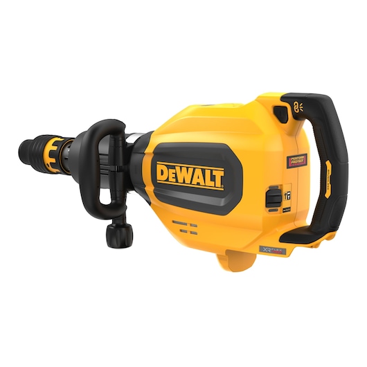 A close-up image of a DEWALT branded yellow and black power tool, specifically a demolition hammer with side and rear handles, designed for heavy-duty construction and breaking tasks.