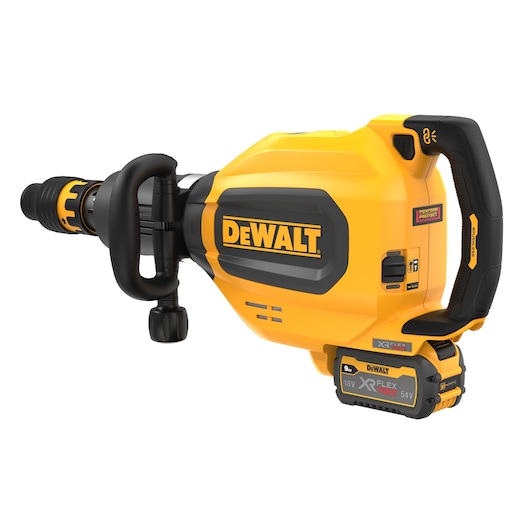 A yellow and black DEWALT cordless demolition hammer with an attached XR FLEXVOLT battery, featuring ergonomic handles and robust construction.