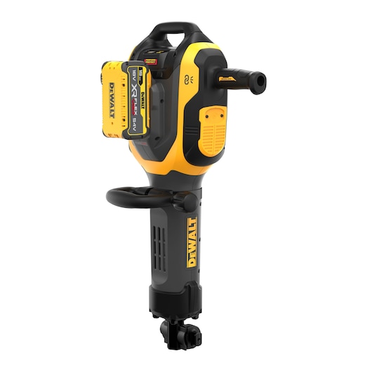 A DEWALT cordless demolition breaker tool, featuring a yellow and black design, a handle at the top, and an 18V battery pack attached on the side.