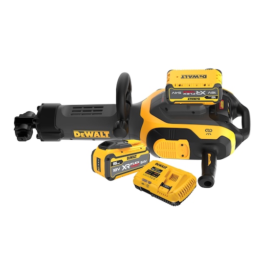 DEWALT cordless power tool kit including a yellow and black rotary hammer, two 18V XR FLEXVOLT batteries, and a battery charger, all branded with DEWALT logos.