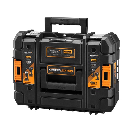 A limited edition DEWALT McLaren branded black and orange hard plastic tool case with a handle, designed for storing and transporting tools. The case features bold labels and is part of a special collaboration, as indicated by the logos and 'Limited Edition' text.
