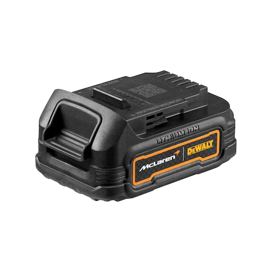 A DEWALT McLaren branded lithium-ion battery pack for power tools. The battery is black with orange and yellow accents, and features the DEWALT and McLaren logos on the side.