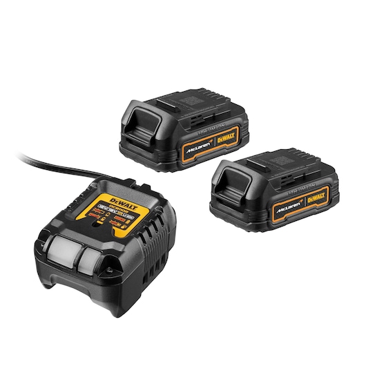 DEWALT set including a battery charger and two rechargeable lithium-ion batteries, shown on a white background.