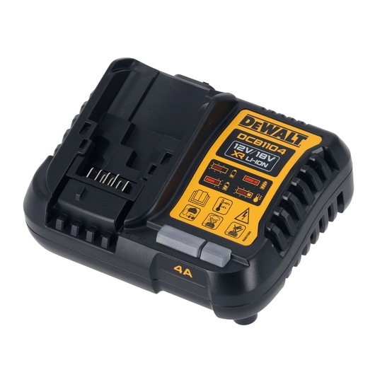 A DEWALT DCB1104 battery charger for 12V and 18V XR Li-Ion batteries, with a black and yellow design, indicator lights, and charging slot.