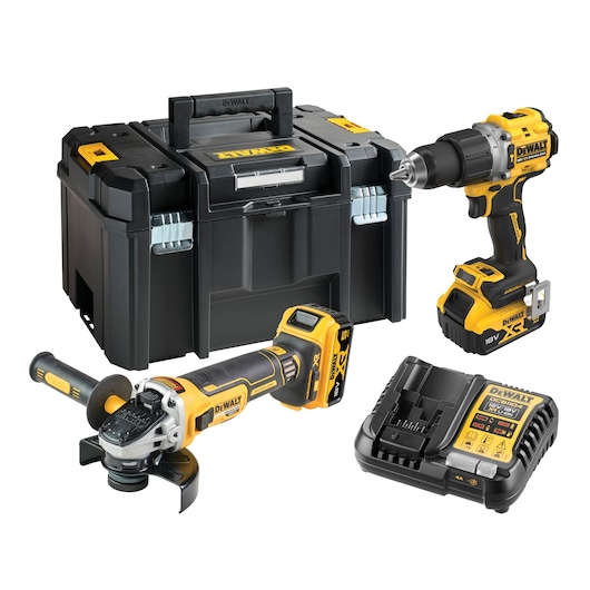 A DEWALT cordless power tool set including a black and yellow toolbox, a cordless drill, an angle grinder, and a battery charger. All items are branded DEWALT and designed for professional use.