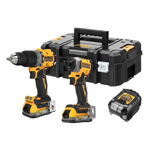 DEWALT DCK2050E2T tool kit featuring two yellow and black cordless power tools, a sturdy black carrying case with handle, and a battery charger. The tools are labeled 18V POWERSTACK.