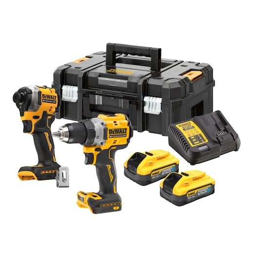 DEWALT tool kit with two cordless tools, two batteries, charger, and sturdy carrying case shown.