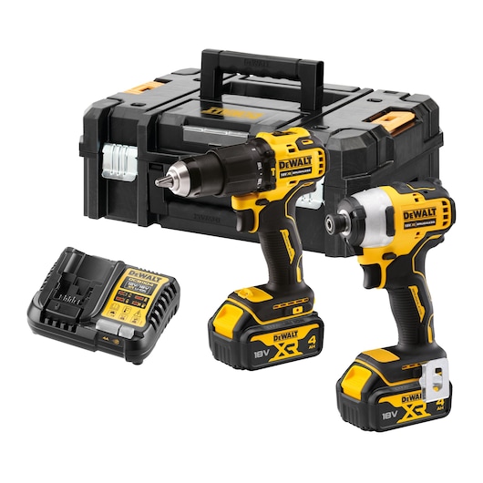 DEWALT cordless power tool kit consisting of two 18V XR tools: a drill driver and an impact driver, both with 4Ah batteries, a battery charger, and a durable black carrying case.