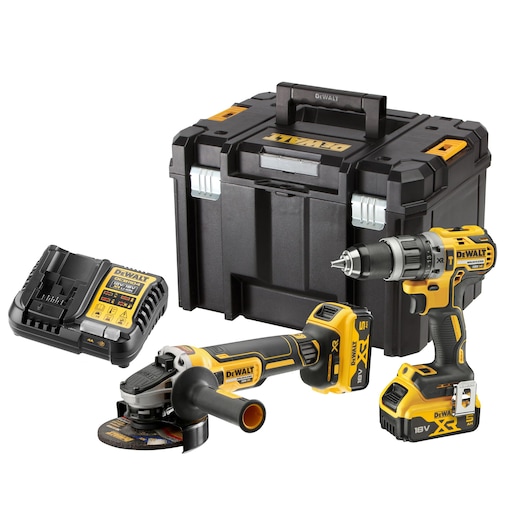 DEWALT tool kit with storage box, cordless drill, grinder, batteries and charger.