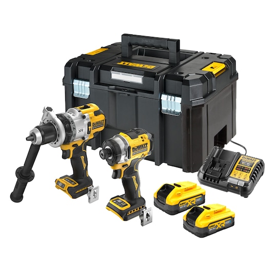 A DEWALT cordless power tool kit, including a black and yellow drill, impact driver, two rechargeable batteries, a battery charger, and a black hard carrying case.