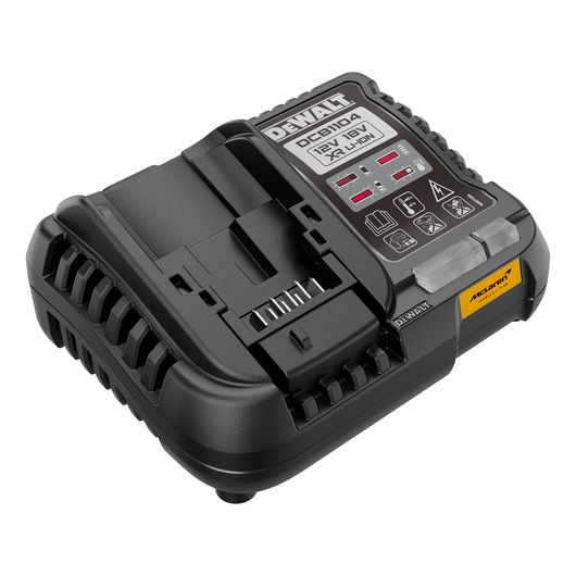 DEWALT DCK2223MP2T-QW, DCK2223MP2T battery charger. Black, compact design. Photography category.