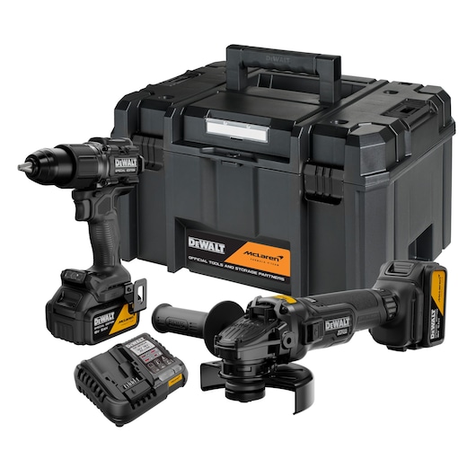 DEWALT x McLaren F1 Team 18V XR Special Edition Hammer Drill Driver and Grinder with 5Ah batteries, storage case and charger
