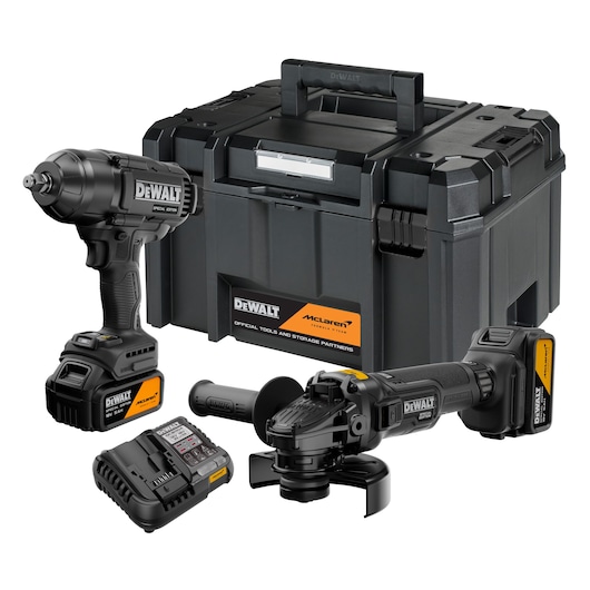 DEWALT x McLaren F1 Team 18V XR Special Edition Impact Wrench and Grinder with 5Ah batteries attached, storage case and battery charger