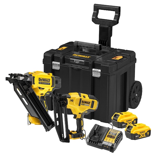 DEWALT tool kit featuring a wheeled black and yellow storage case, two cordless nail guns, two 18V rechargeable batteries, and a battery charger.