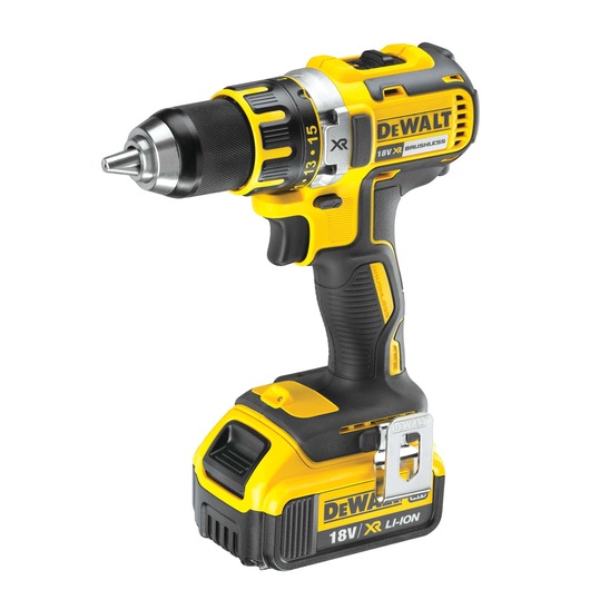 DEWALT 18V cordless brushless drill with Li-Ion battery, black and yellow, side view.