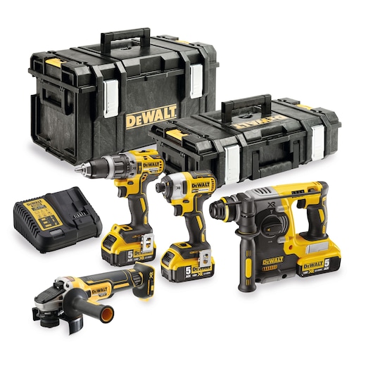 DEWALT power tool kit with drill, impact driver, grinder, rotary hammer, charger and two cases.