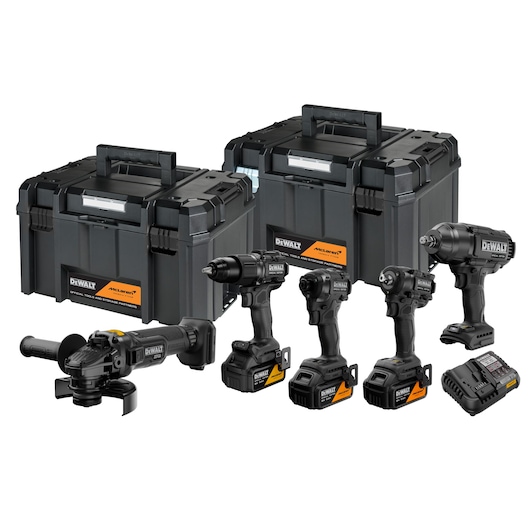 DEWALT x McLaren F1 Team 18V XR Special Edition Grinder, Hammer Drill Driver, Compact Impact Driver, Impact Driver and  Impact Wrench with 5Ah batteries attached, two storage cases and battery charger