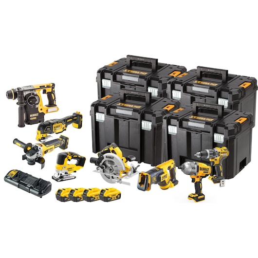 A set of DEWALT power tools including a drill, circular saw, rotary hammer, angle grinder, reciprocating saw, and other cordless tools, four black and yellow storage cases, four rechargeable batteries, and a charger.